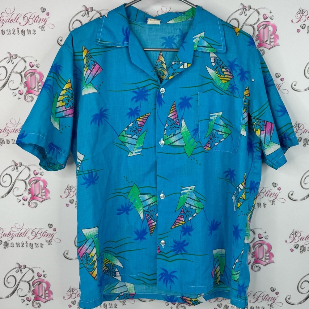 La mode button up sailing ⛵️ vintage palm tree Blue Tropical Print Men's Shirt